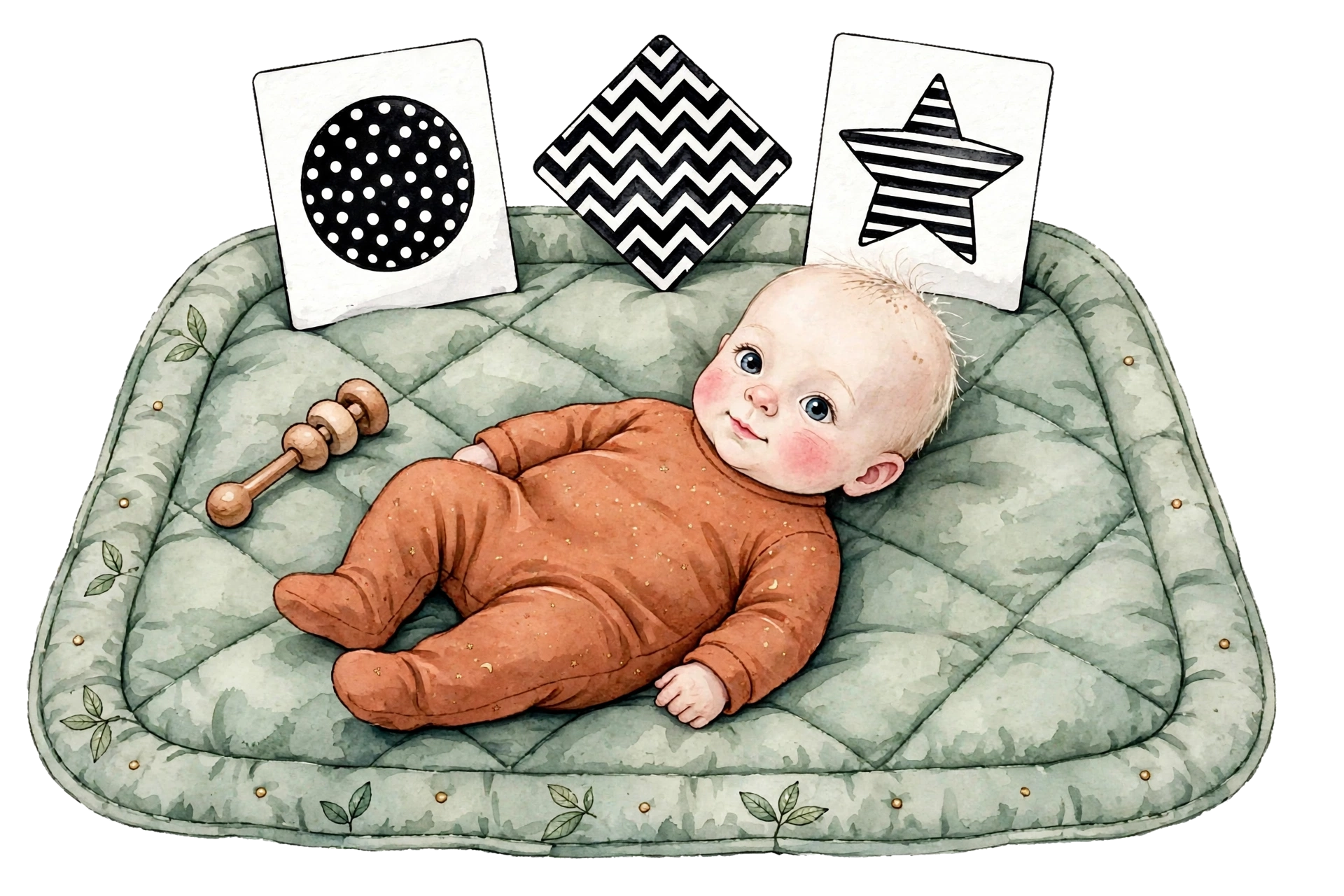 Illustration of Lukas lying on a sage-green quilted blanket with a wooden rattle and three high-contrast cards