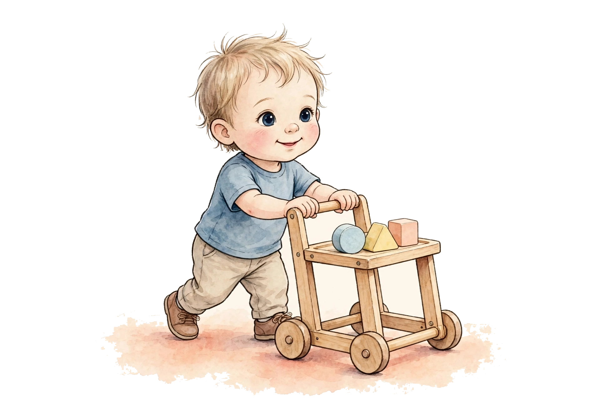 Illustration of Lukas walking while pushing a wooden push cart with three plain blocks in its tray