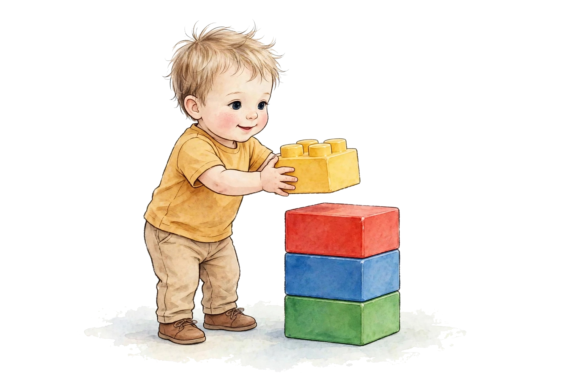 Illustration of Lukas standing on his own, setting a yellow building brick onto a tower of three plain connected bricks