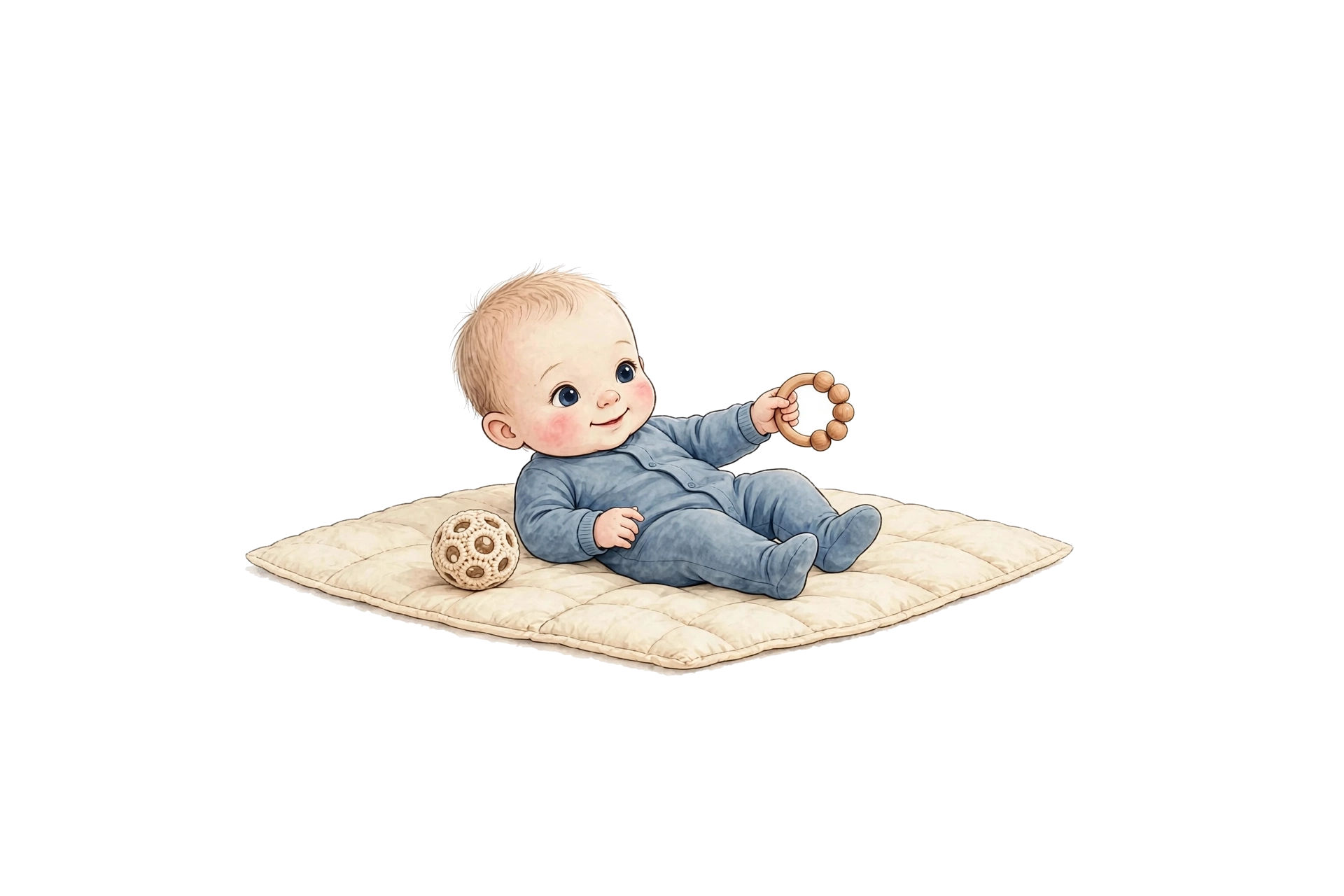 Illustration of Lukas propped on a quilted mat, holding a wooden ring teether up in one hand