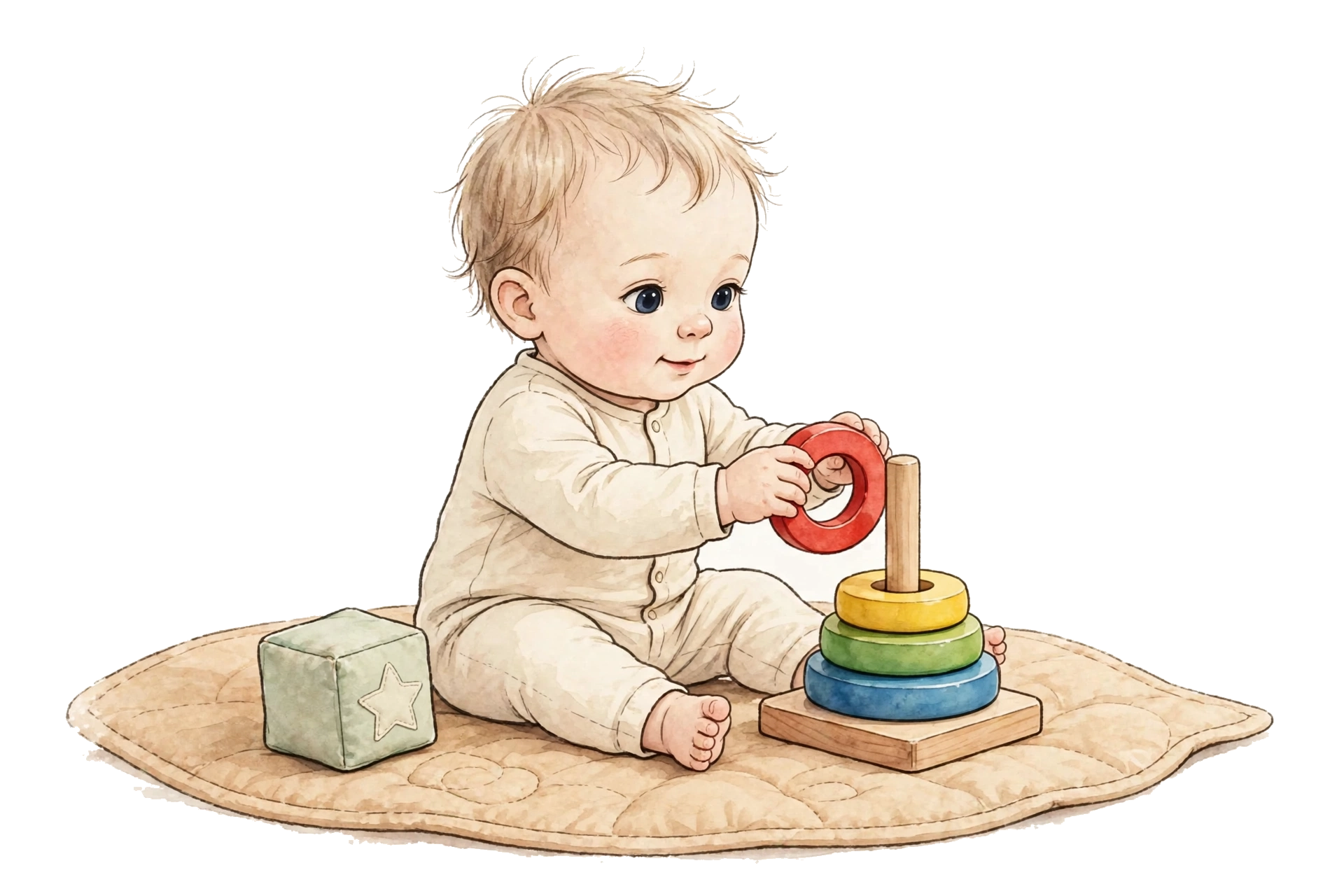 Illustration of Lukas sitting on a quilted mat, holding a red ring over a ring-stacking tower