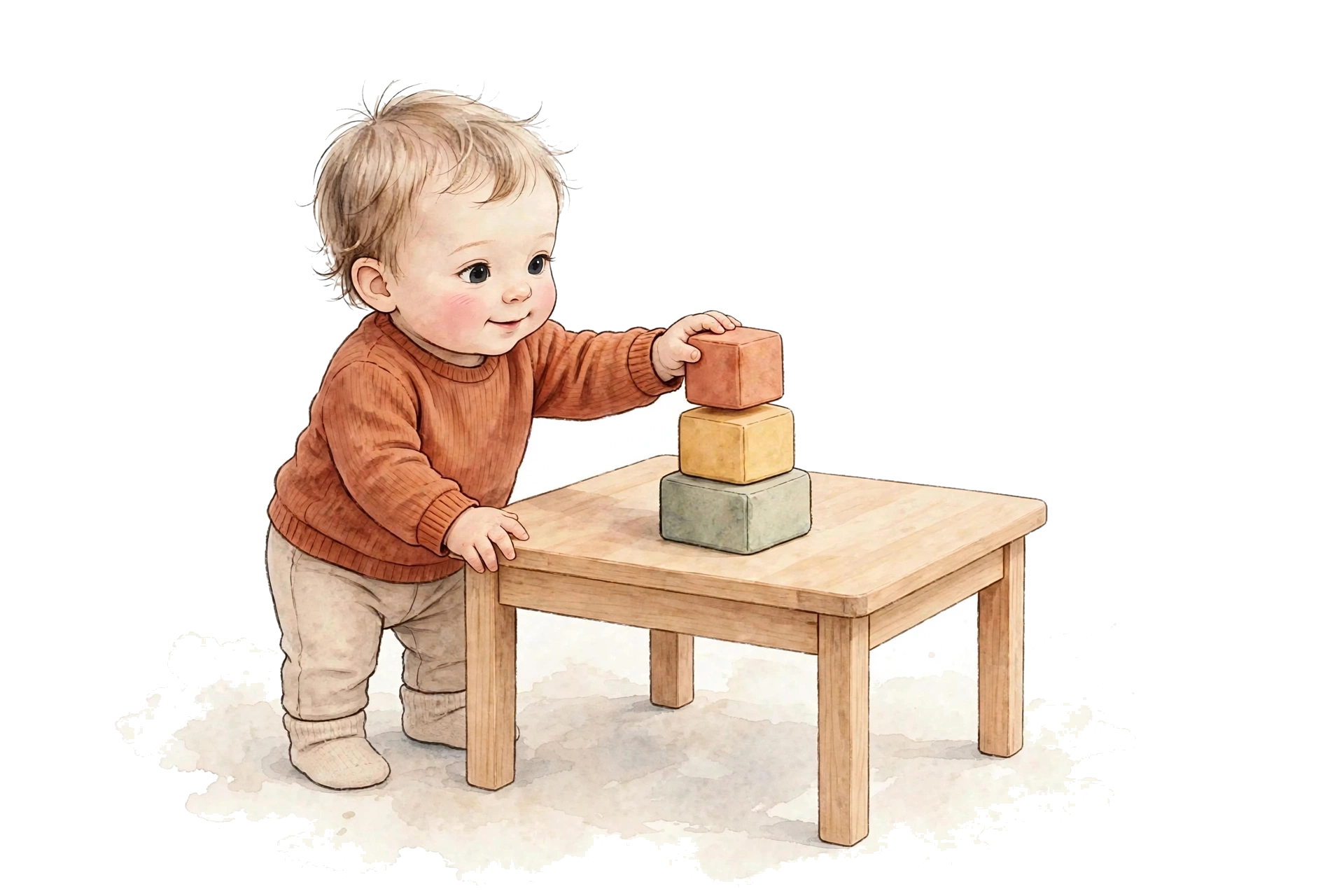 Illustration of Lukas standing at a low wooden table, stacking a block onto two others