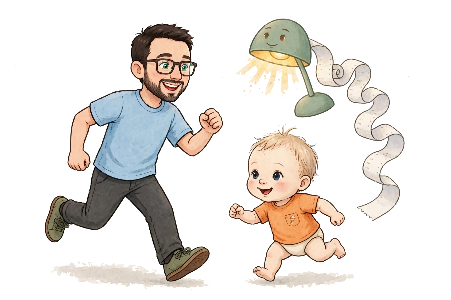 Illustration of Chris, Hiro, and Lukas chasing each other, a long receipt trailing behind Hiro